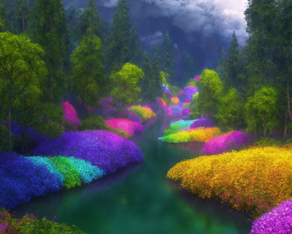 Colorful river scene with misty mountains and lush greenery