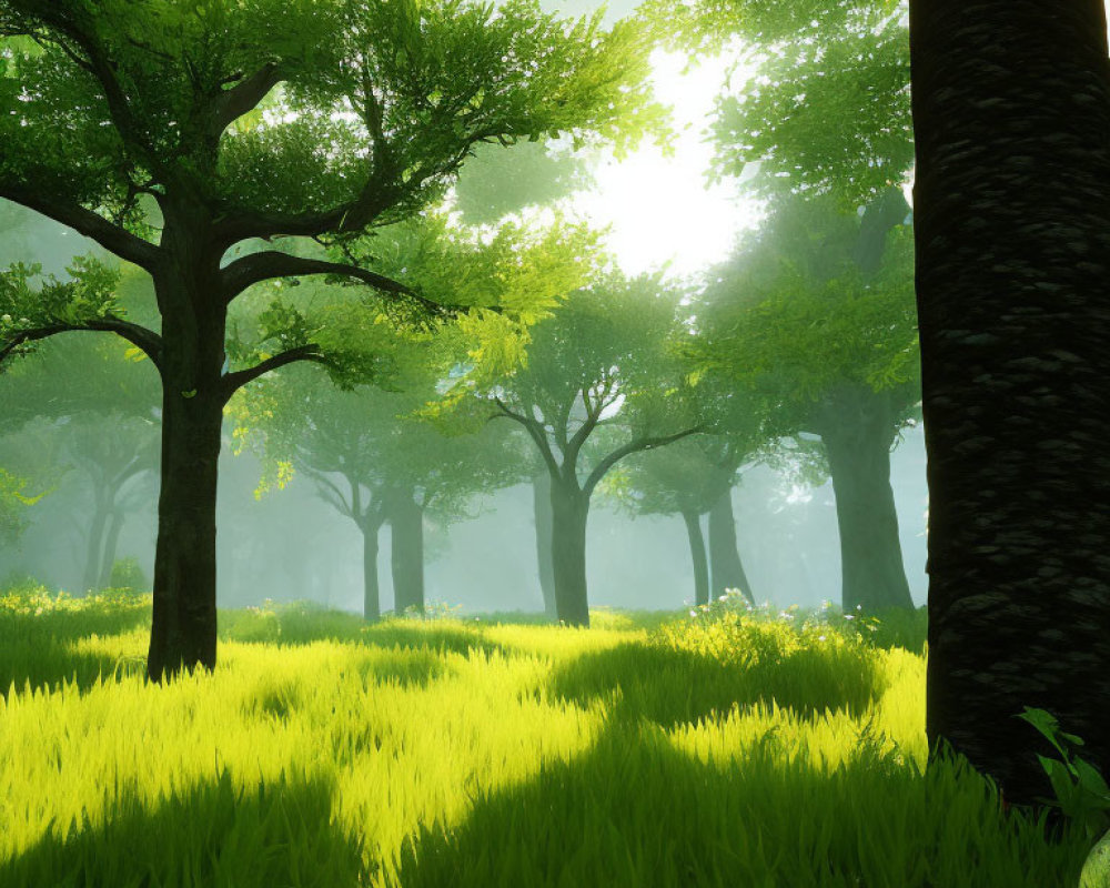 Lush Green Forest with Sunlight Filtering Through