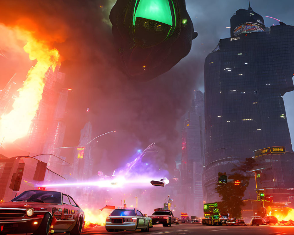 Futuristic urban night scene with alien spaceship and chaos