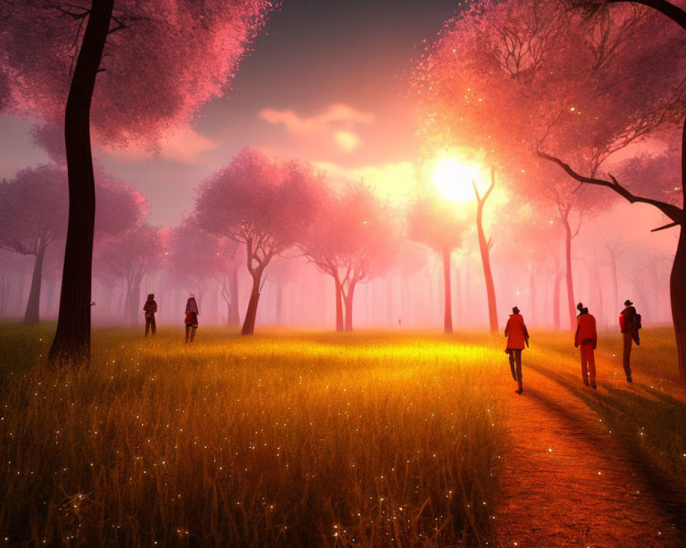 People strolling under cherry blossoms in dreamy scene