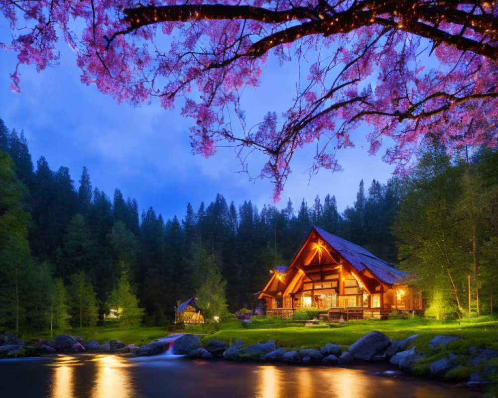 Tranquil riverside cabin at dusk with cherry blossoms and lush forest