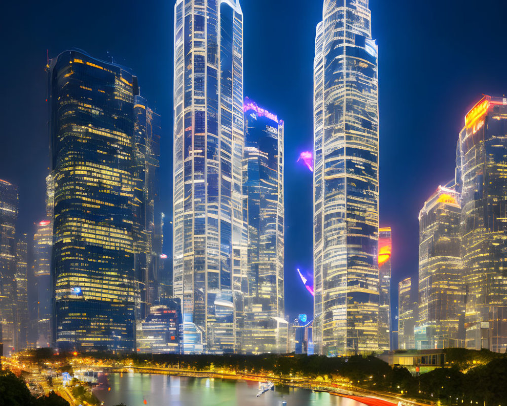 Nighttime cityscape with illuminated skyscrapers, river, and light trails.