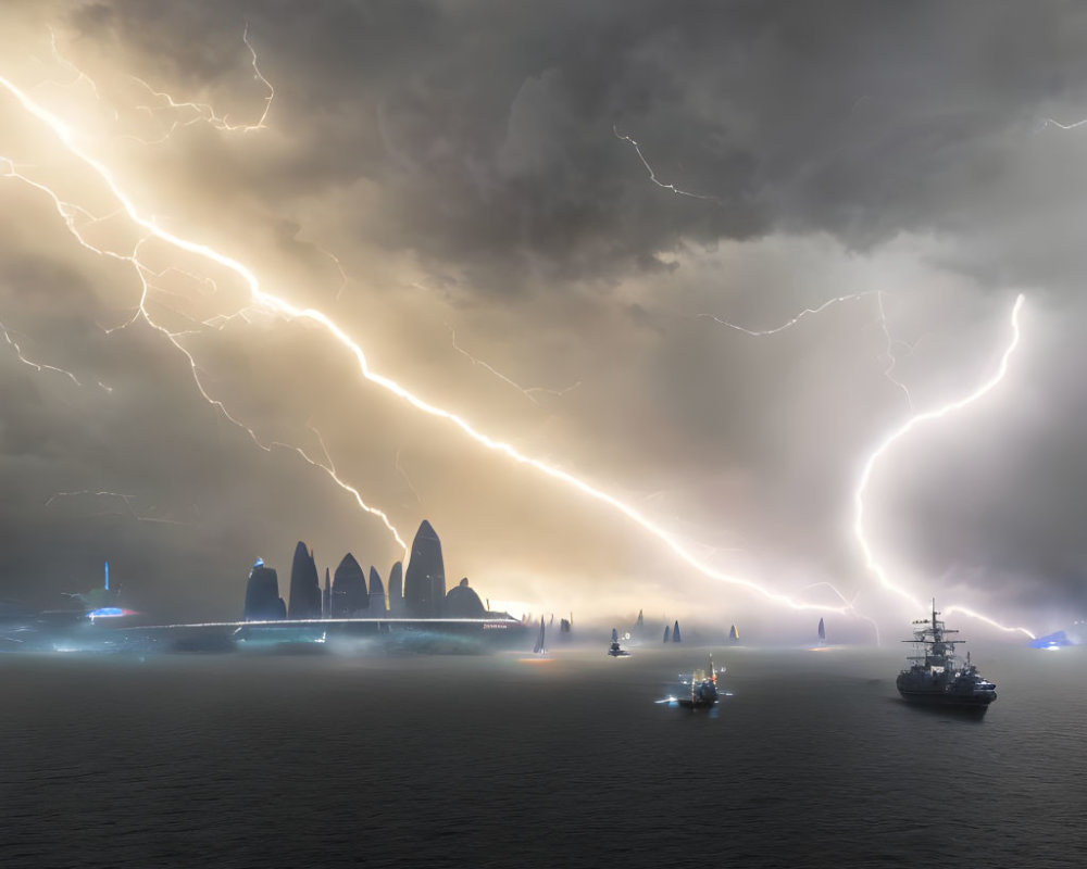 Stormy Seascape with Lightning Bolts and Ships