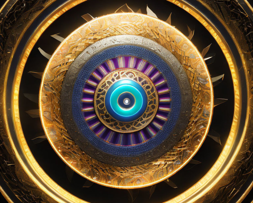 Intricate Golden Fractal Design with Blue Eye Motif on Black Background