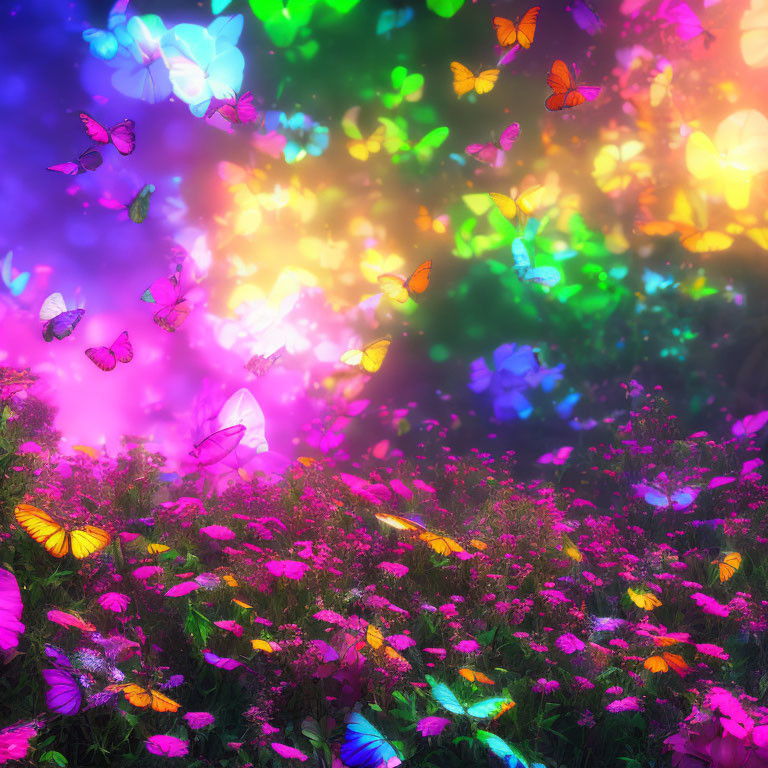 Colorful Butterfly Meadow with Flowers and Lights