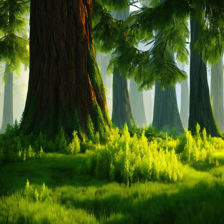 Majestic forest scene with towering trees and sunlight piercing through mist.