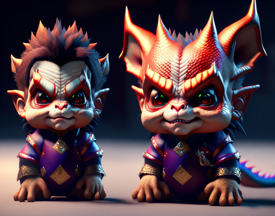 Spiky-haired creatures in ornate outfits with intense glares