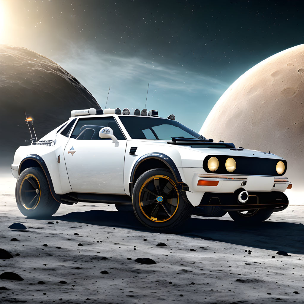 Futuristic white car on moon-like surface with visible planets