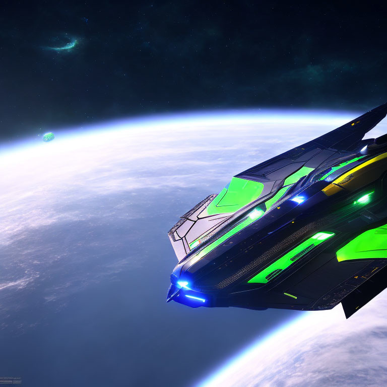 Futuristic spaceship with blue and green lights above planet's atmosphere