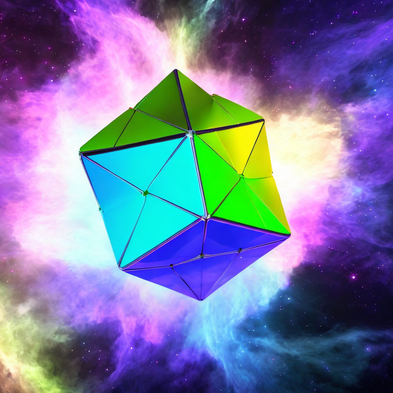 Vibrant 3D geometric gem shape on cosmic nebula background