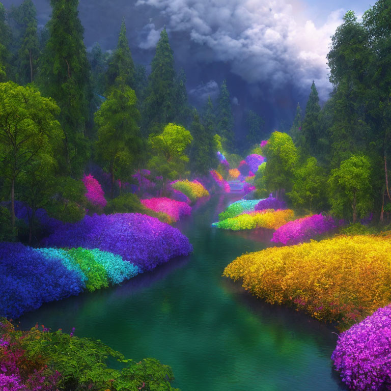 Colorful river scene with misty mountains and lush greenery