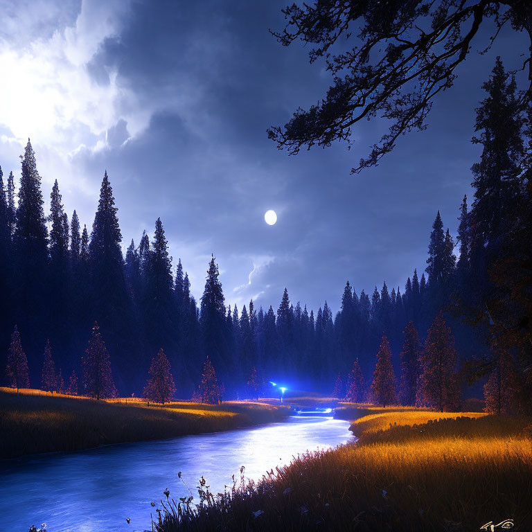 Full Moon Night Scene: Serene River, Dense Forests, Ethereal Blue Lights