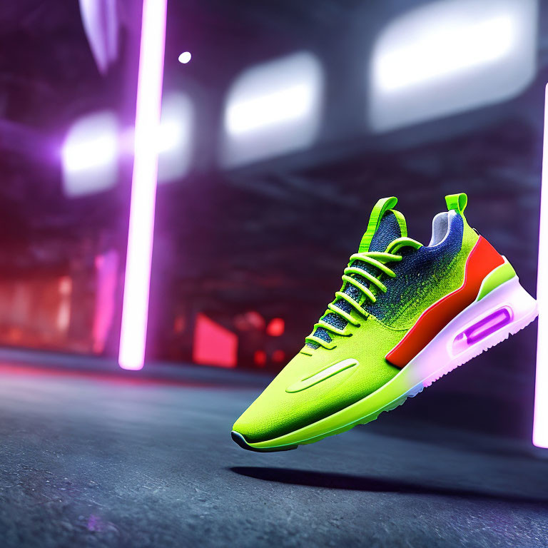 Neon Green Sneaker with Orange and Purple Accents on Reflective Surface