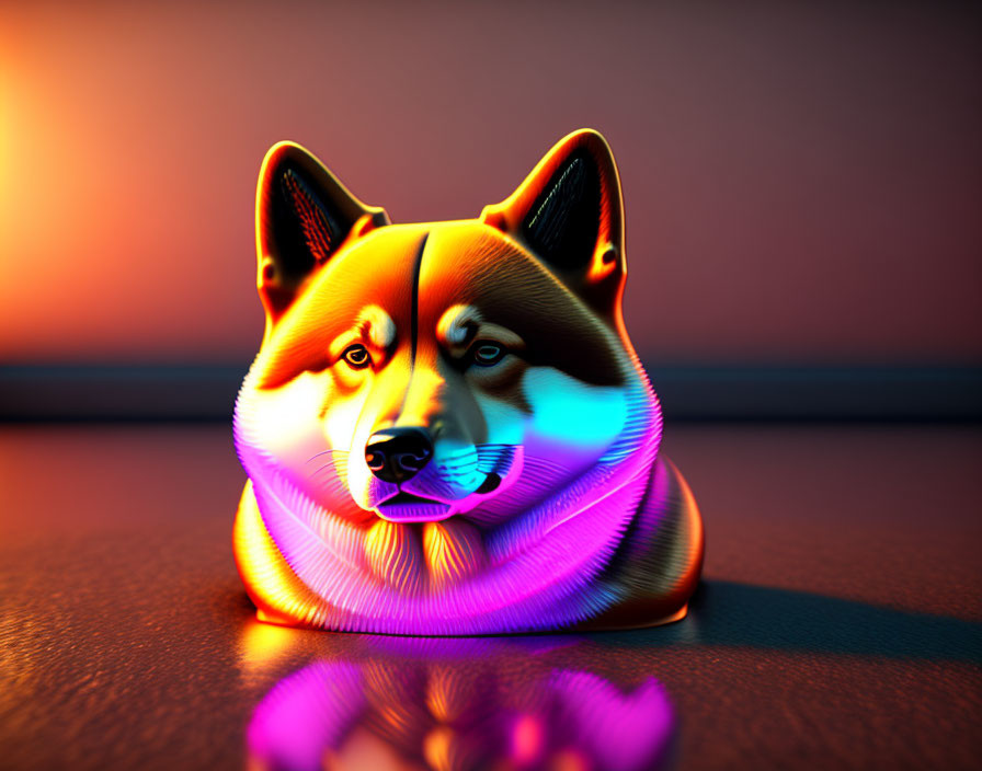 Vibrant 3D Shiba Inu Dog Head with Neon Lighting Effects