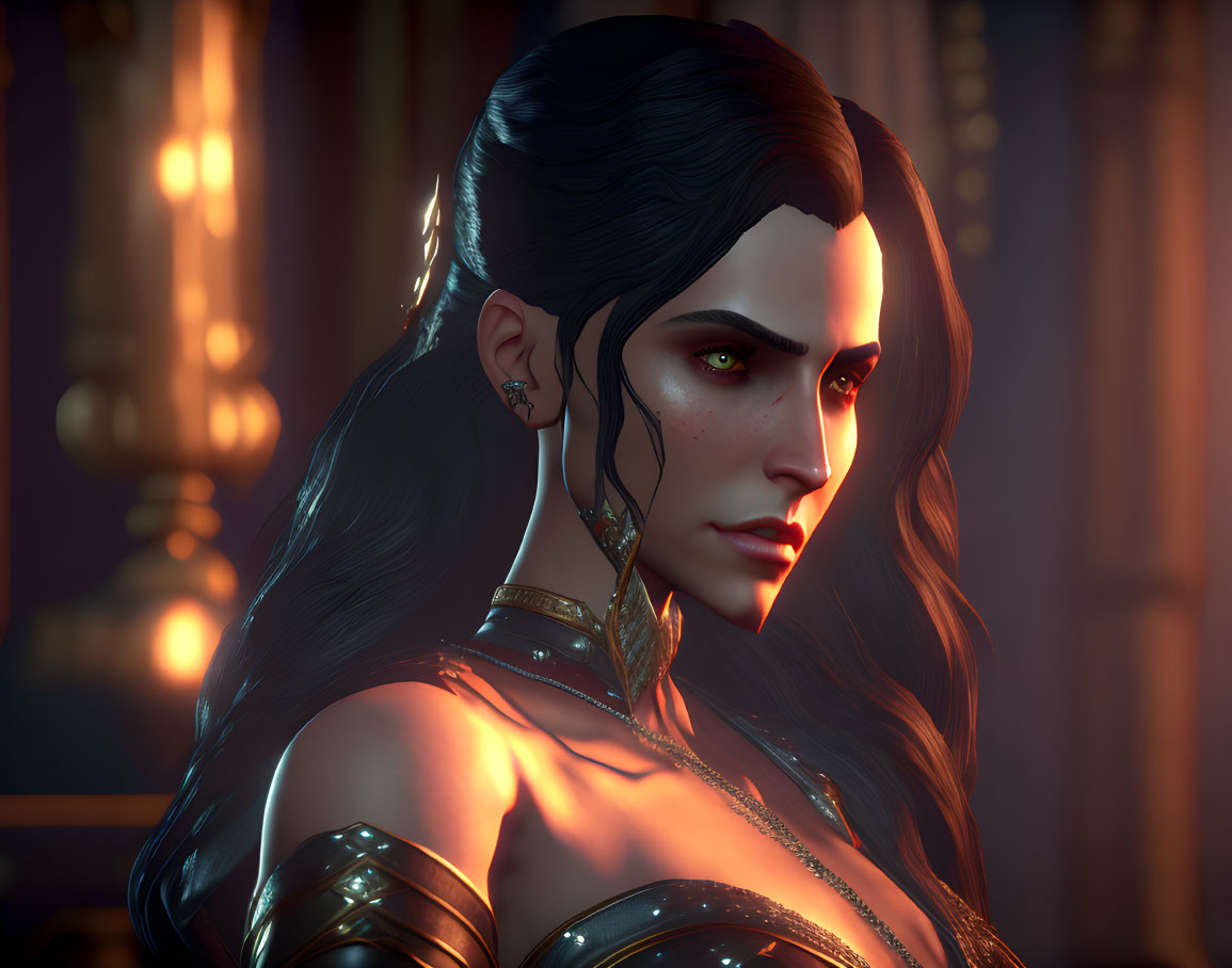 Dark-haired female character in armor with intense gaze and gold earrings in warm lighting