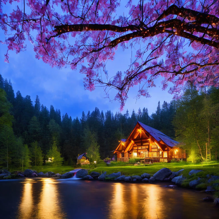 Tranquil riverside cabin at dusk with cherry blossoms and lush forest