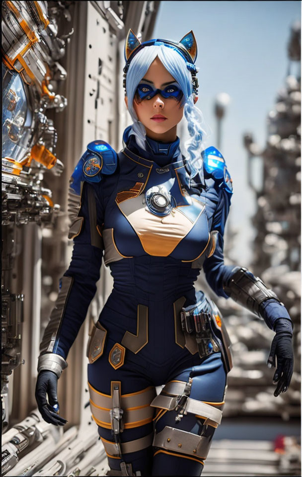 Futuristic blue and gold costume with cat ears and goggles in sci-fi setting