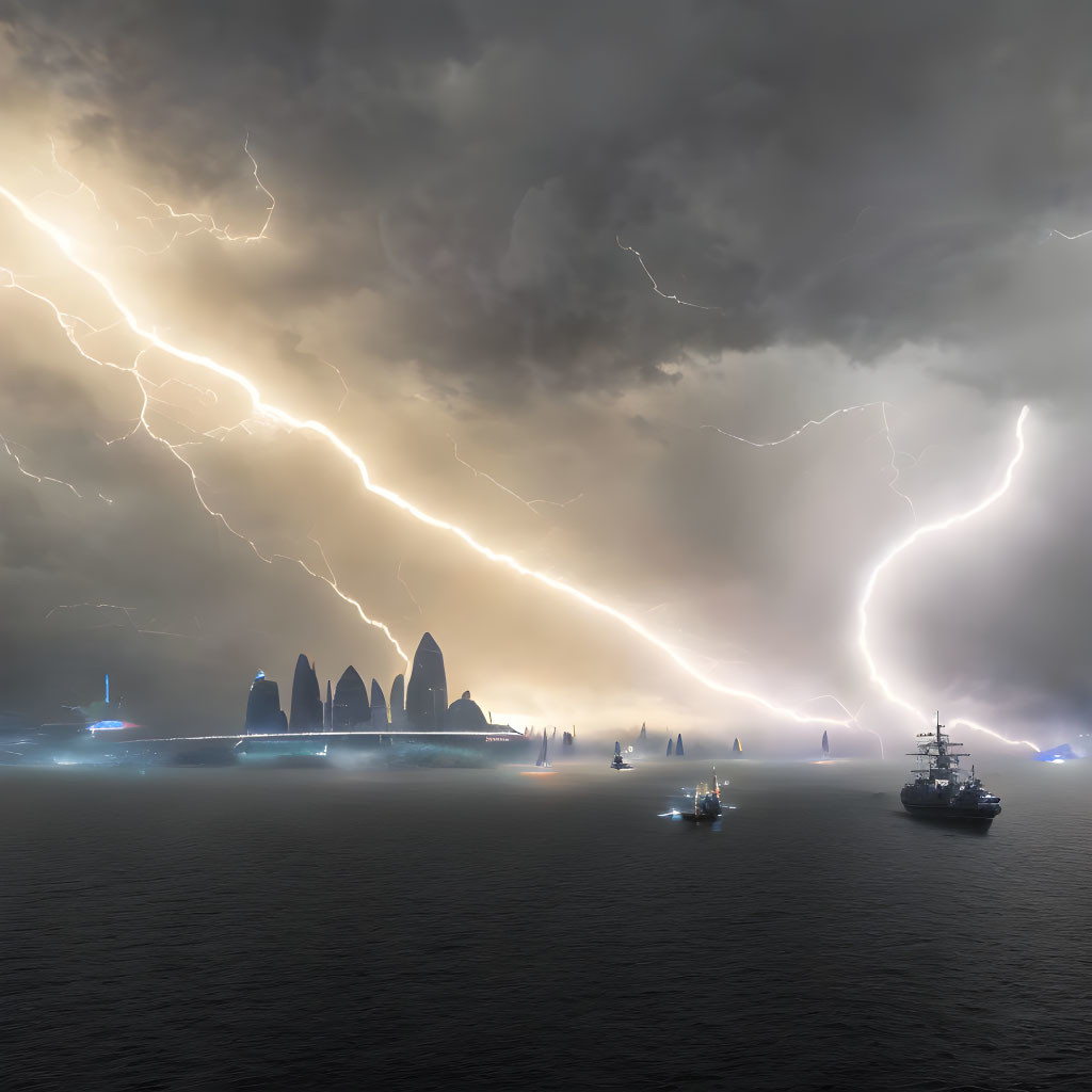 Stormy Seascape with Lightning Bolts and Ships