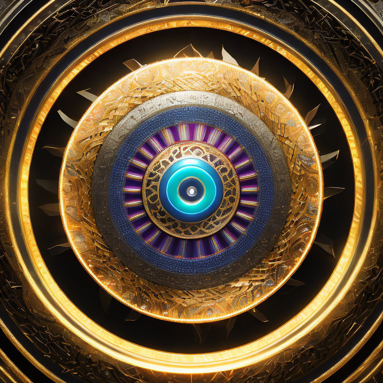 Intricate Golden Fractal Design with Blue Eye Motif on Black Background