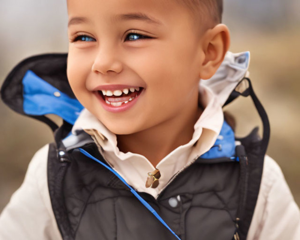 Young child smiles in hooded vest and blue shirt.