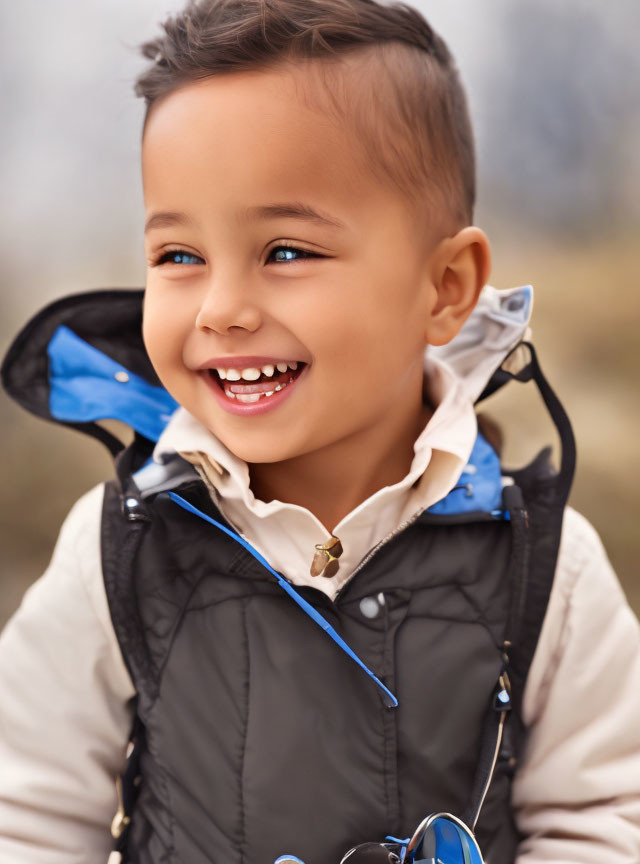 Young child smiles in hooded vest and blue shirt.