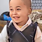 Young child smiles in hooded vest and blue shirt.