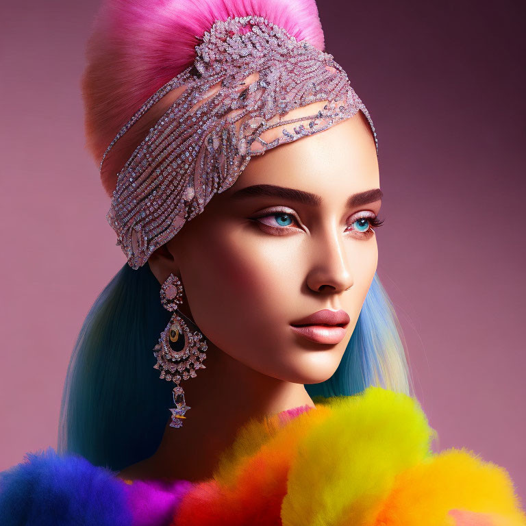 Multicolored fur stole and bejeweled headband on woman with blue and pink hair