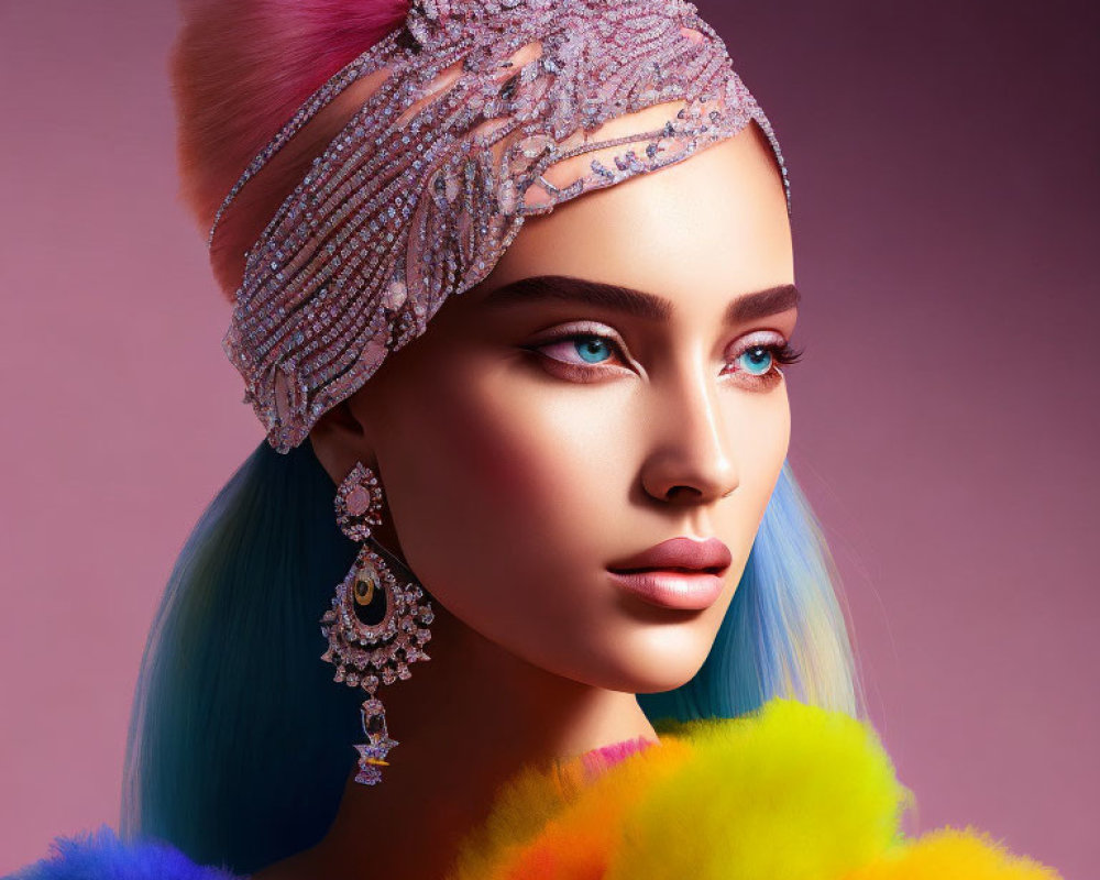 Multicolored fur stole and bejeweled headband on woman with blue and pink hair