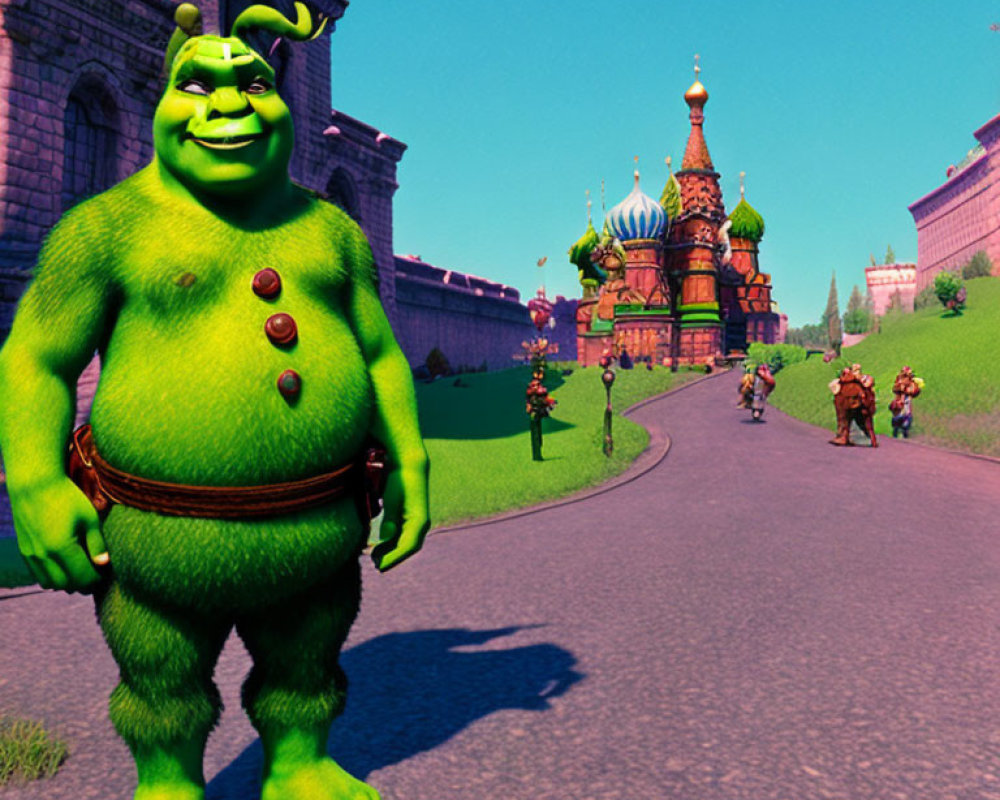 Whimsical castle and blue sky with 3D animated character