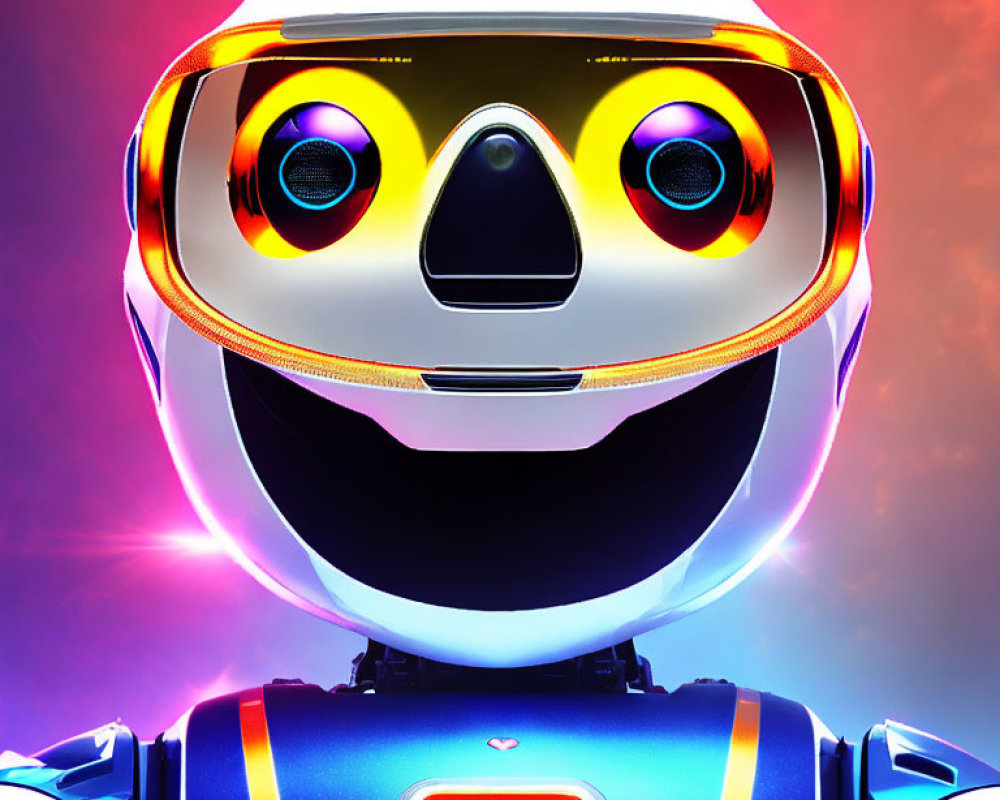 Colorful Robot Head with Friendly Smile and Digital Eyes on Vibrant Background