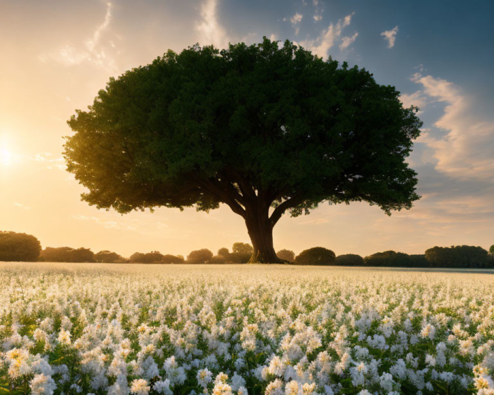 Solitary tree in field of white flowers at sunset