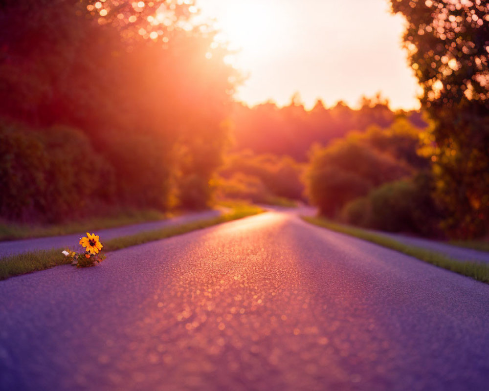 Tranquil sunset scene on winding road with flowers - serene beauty captured