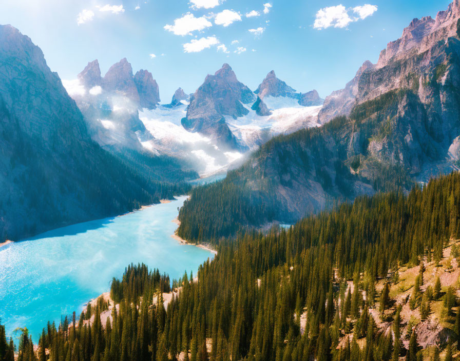 Serene Turquoise Lake with Pine Trees, Snowy Mountains, and Blue Sky