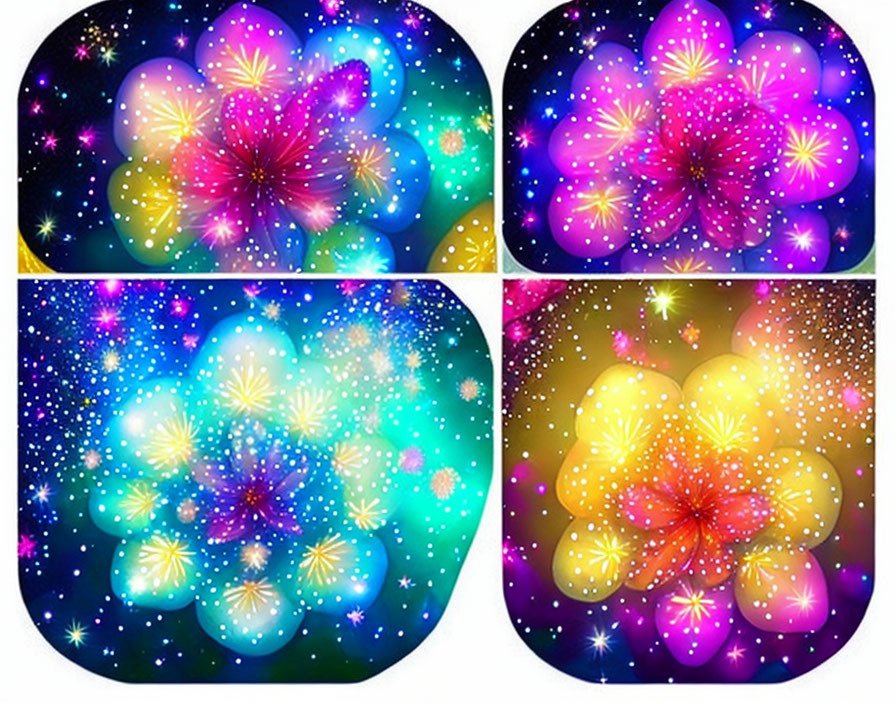 Vibrant neon-like flowers against starry night backdrop