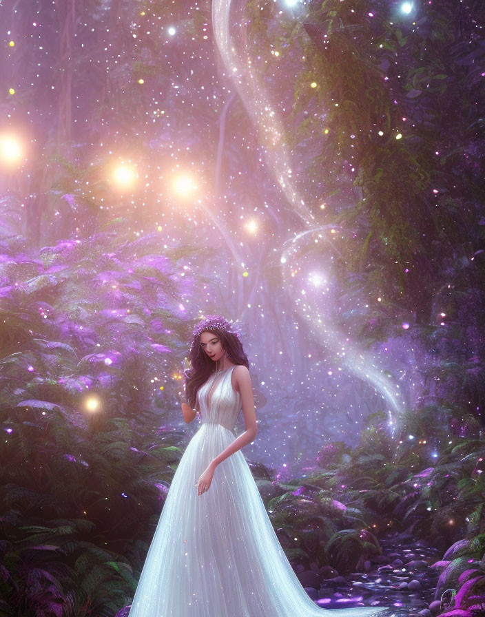 Woman in White Dress in Enchanted Forest with Purple Hues