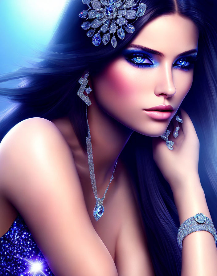 Digitally-created woman with sparkling jewelry and blue eyes on cool blue backdrop