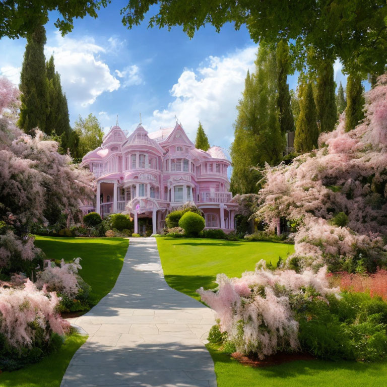 Pink Victorian Mansion Surrounded by Flowers and Greenery