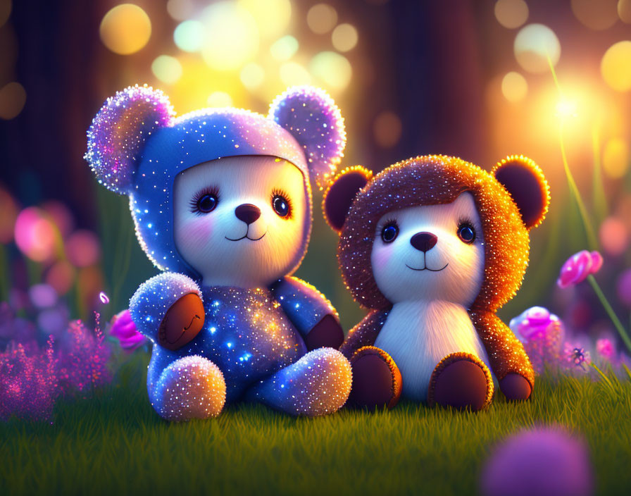 Sparkling galaxy-themed animated teddy bears in illuminated meadow