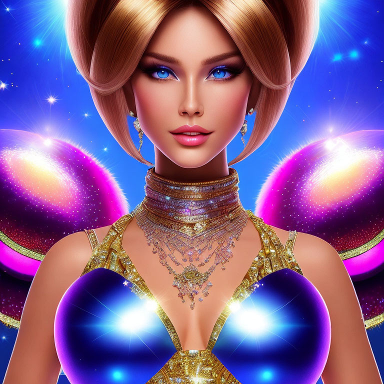 Digital artwork featuring woman with blue eyes, blonde hair, gold jewelry, and glowing orbs in cosmic setting