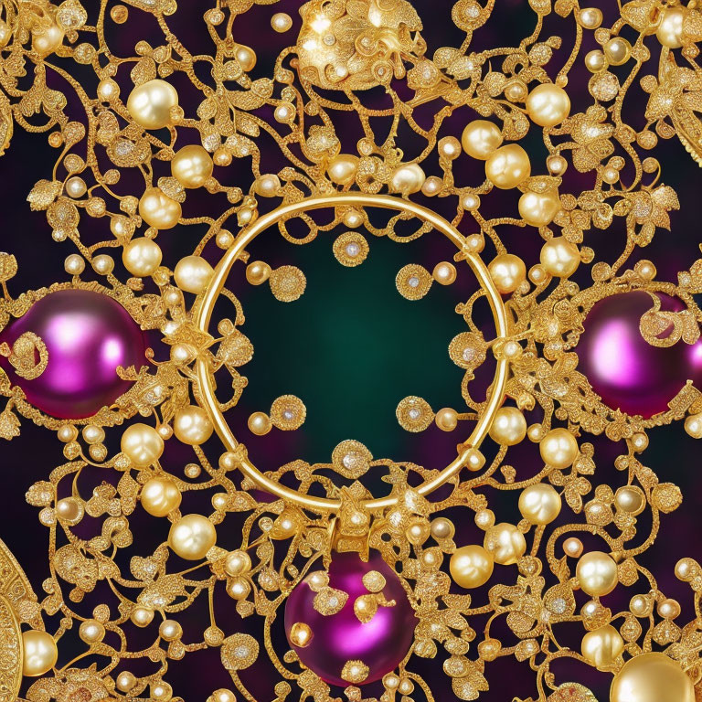 Luxurious Golden Filigree Pattern with Pearls and Purple Baubles