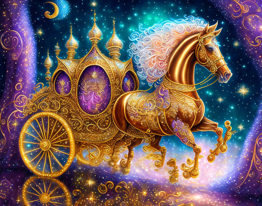 Golden carriage with majestic horse in cosmic backdrop