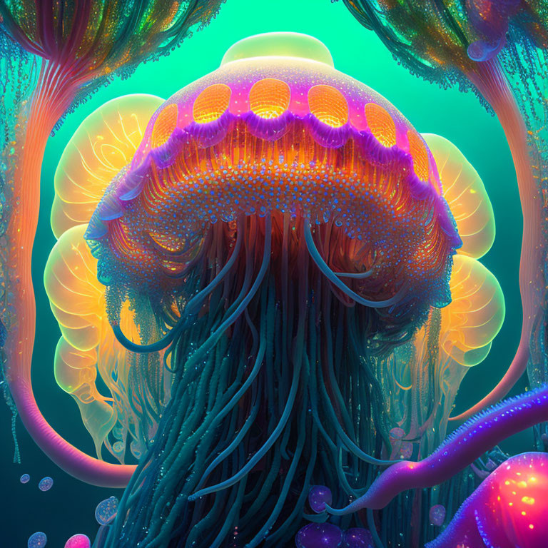 Detailed Digital Artwork: Vibrant Jellyfish in Orange Dome Underwater