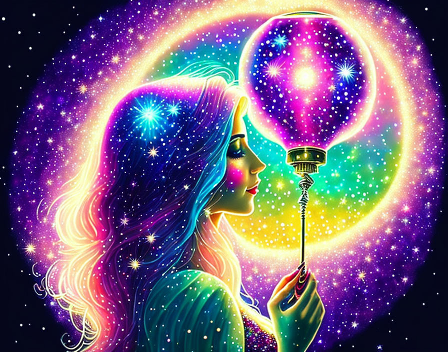 Colorful woman with star-speckled hair holding glowing bulb in cosmic background