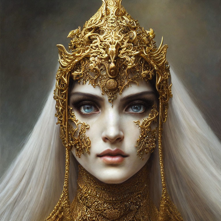 Woman with blue eyes and white hair in ornate golden headdress.