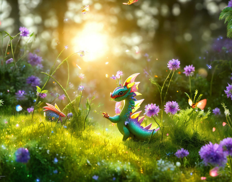 Colorful Dragon in Sunlit Forest Glade with Fairies