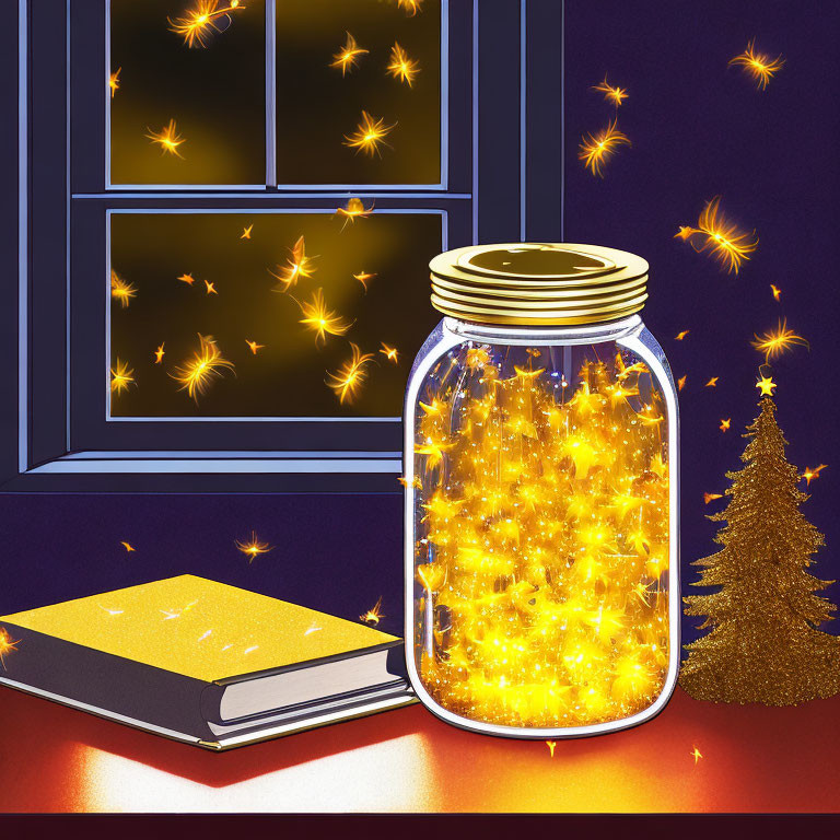 Glowing fairy lights, book, Christmas tree, night sky on windowsill