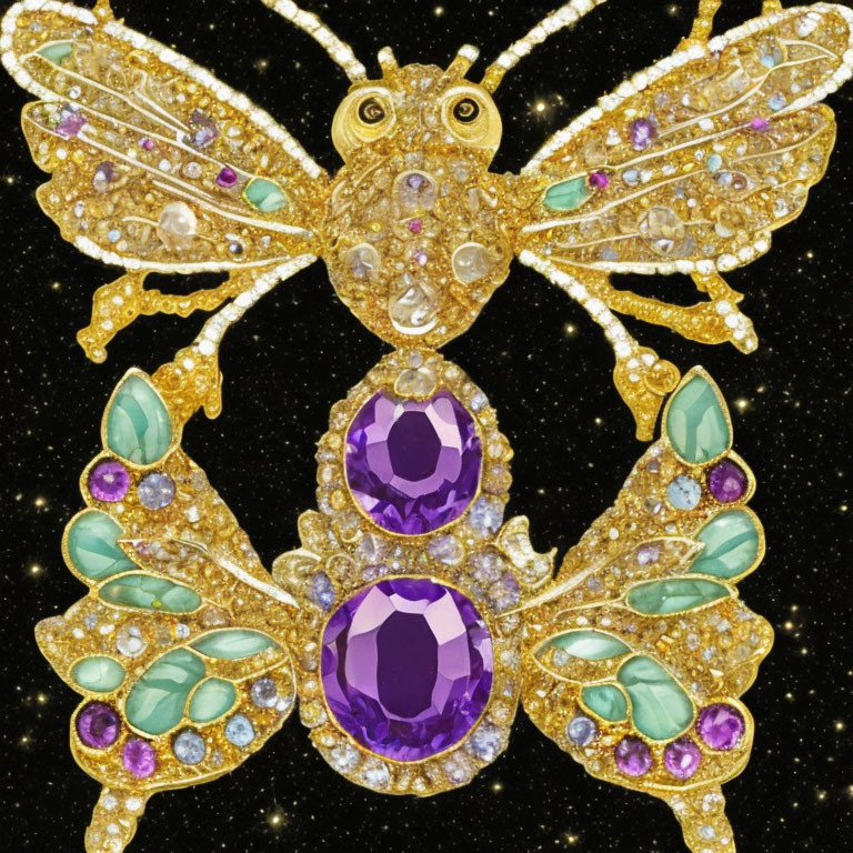 Dragonfly-shaped jeweled brooch with gold and purple gems on starry backdrop