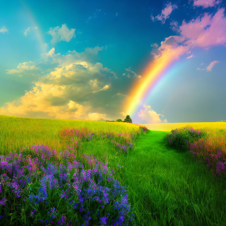 Colorful rainbow above blooming field with lone tree and sunlit sky