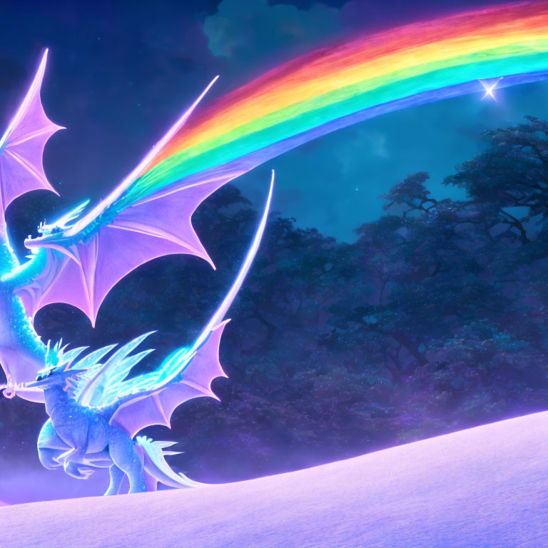 Majestic blue dragon in mystical forest breathing rainbow at night