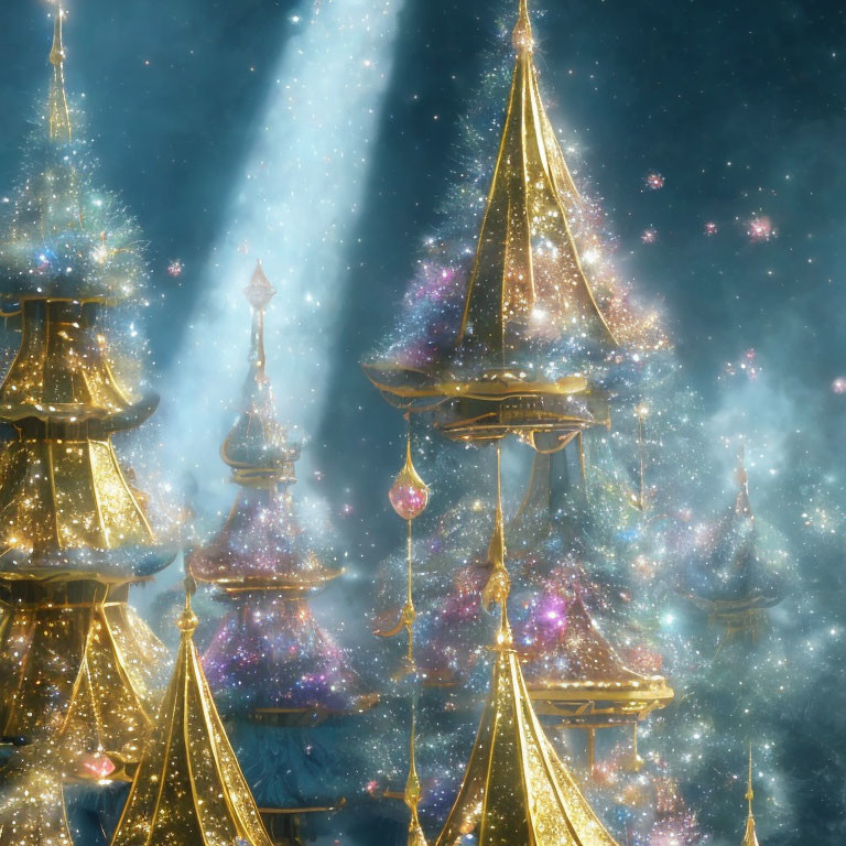 Fantastical illuminated towers in a starry night sky